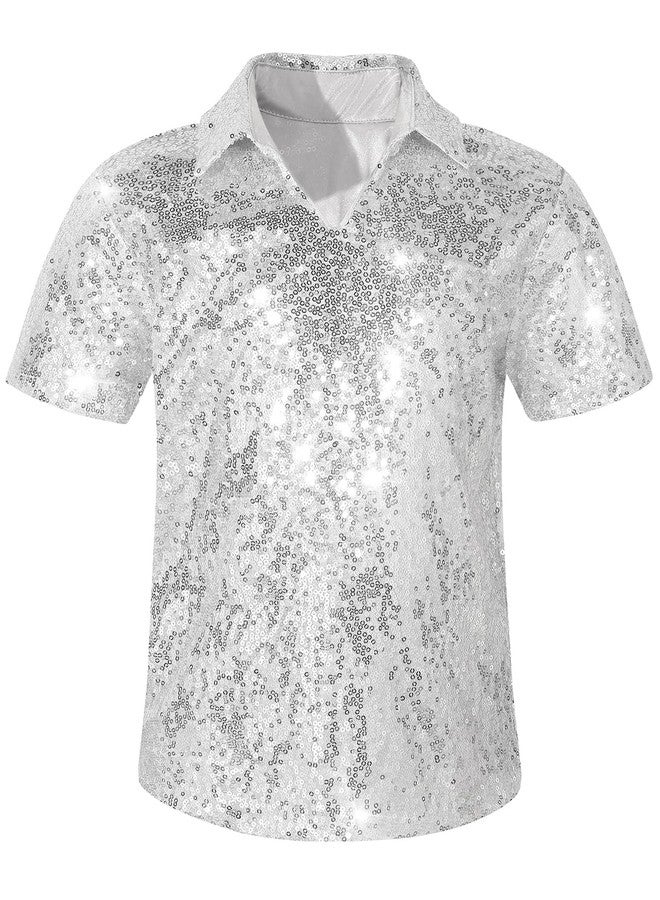 Spring&Gege Boy's Short Sleeve Turndown Sparkle Sequins Polo Shirt 70s Disco Costume T-Shirt, Silver Gray, Size 7-8 Years - Image 1